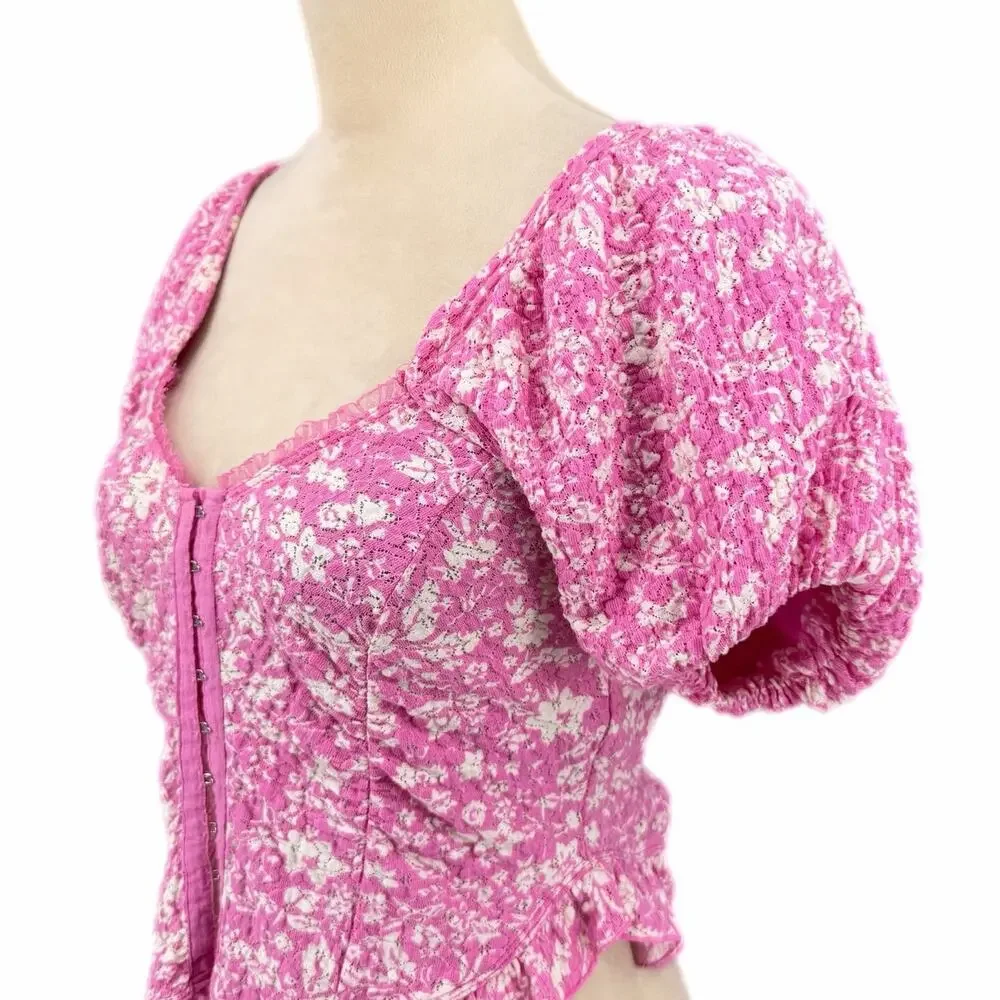 Free People Oh Baby Pink White Corset Puff Sleeve Ruffle Lace Eyelet Blouse Top